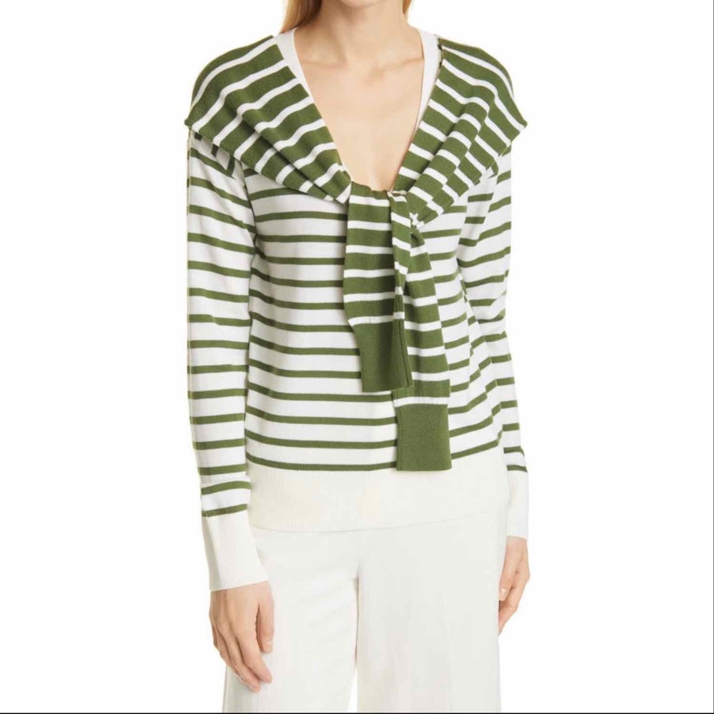 Veronica Beard Army Green Leni Stripe Tie Neck Merino Wool Sweater Size M